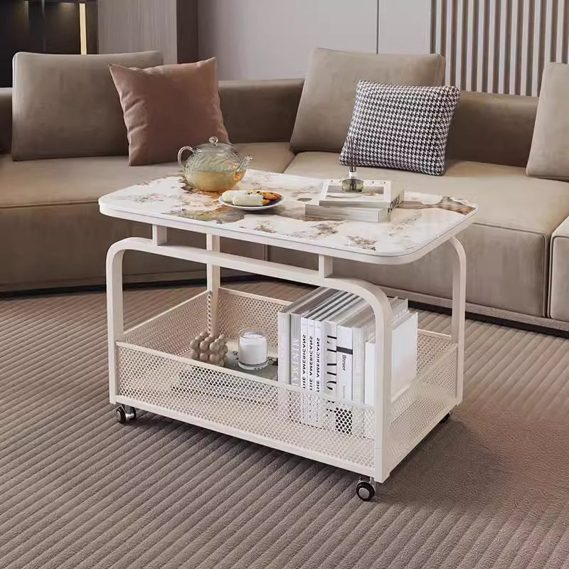 Modern minimalist mobile square rock slab coffee table - small apartment mobile cart side table coffee table square table