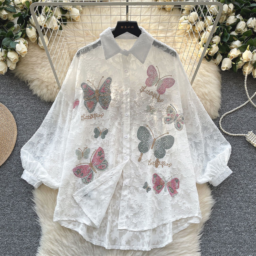 Luxury retro socialite style puff sleeve blouse - women's spring mesh embroidered loose fit chic & trendy top