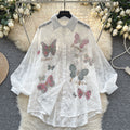 Luxury retro socialite style puff sleeve blouse - women's spring mesh embroidered loose fit chic & trendy top