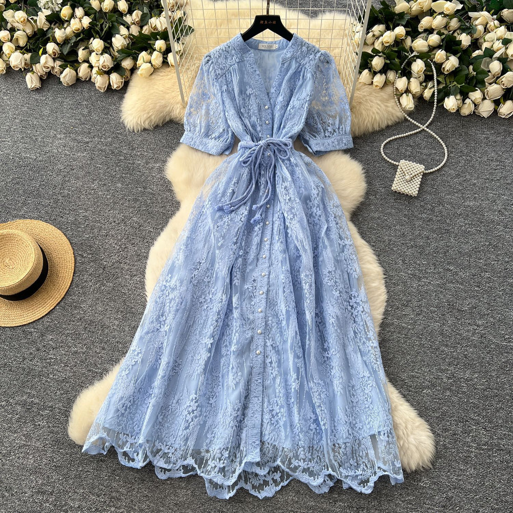 French chic high-end women's dress - 2025 summer fashion: tie-waist, single-breasted, embroidered mesh maxi dress