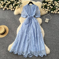 French chic high-end women's dress - 2025 summer fashion: tie-waist, single-breasted, embroidered mesh maxi dress