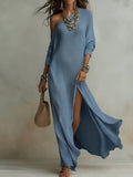 summer european and american cross-border independent station new arrivalelegancelong sleevesknitting pleated slit women's dress