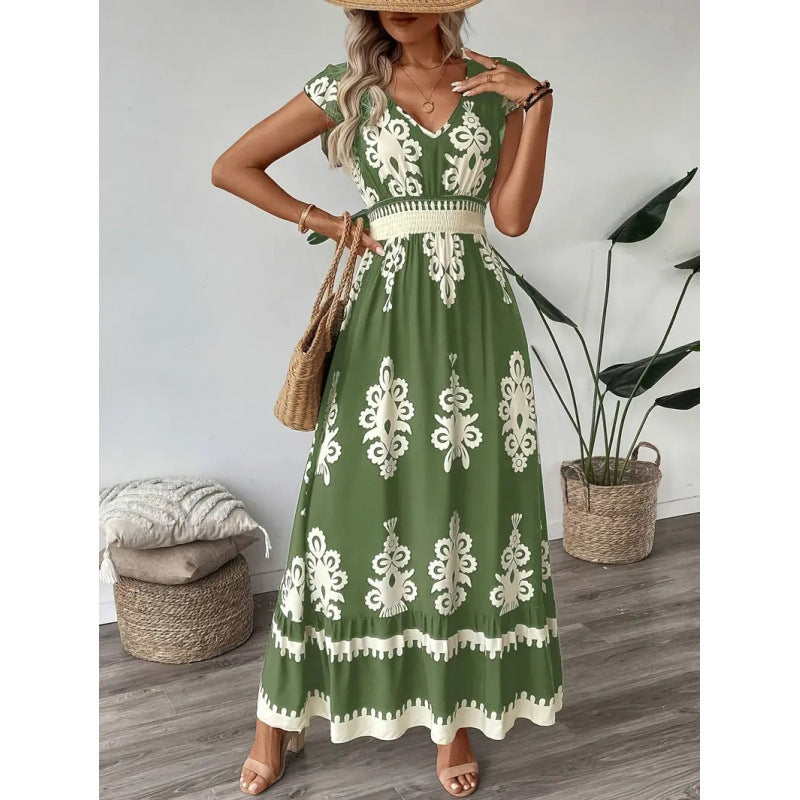 cross-border european and american style beach dress - vacation-inspired printed maxi dress - tiktok/ trend