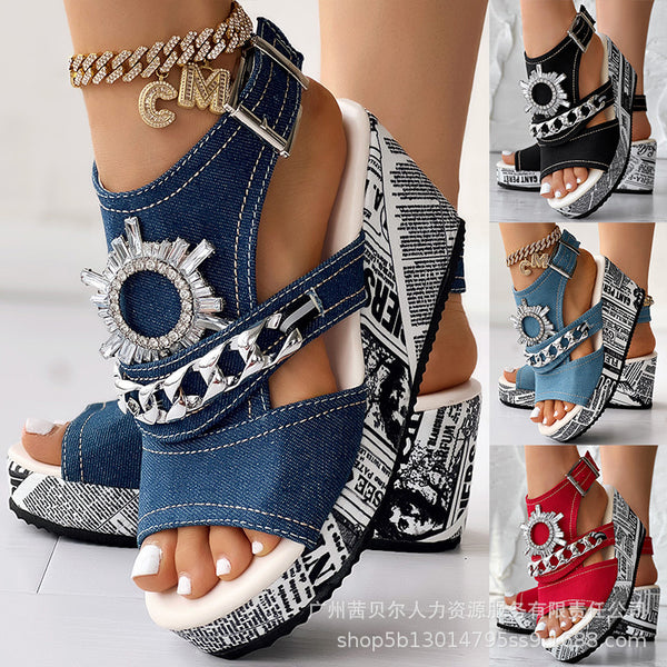 LZT6926A2  rough edge one-word buckle fish mouth wedge heel thick sole printing women's sandals wholesale