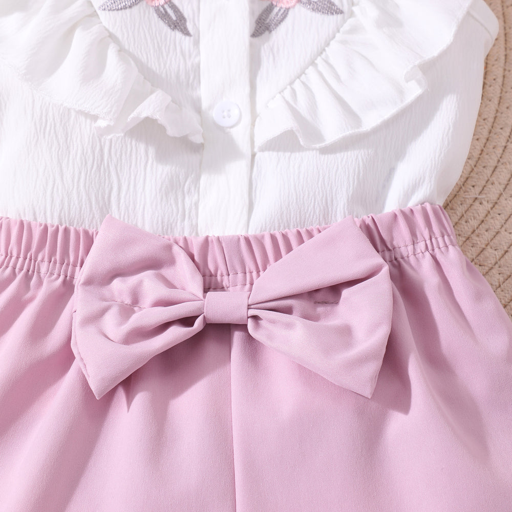 Girls' two-piece set: floral double-layer ruffle ribbed top + floral shorts, embroidered for young children