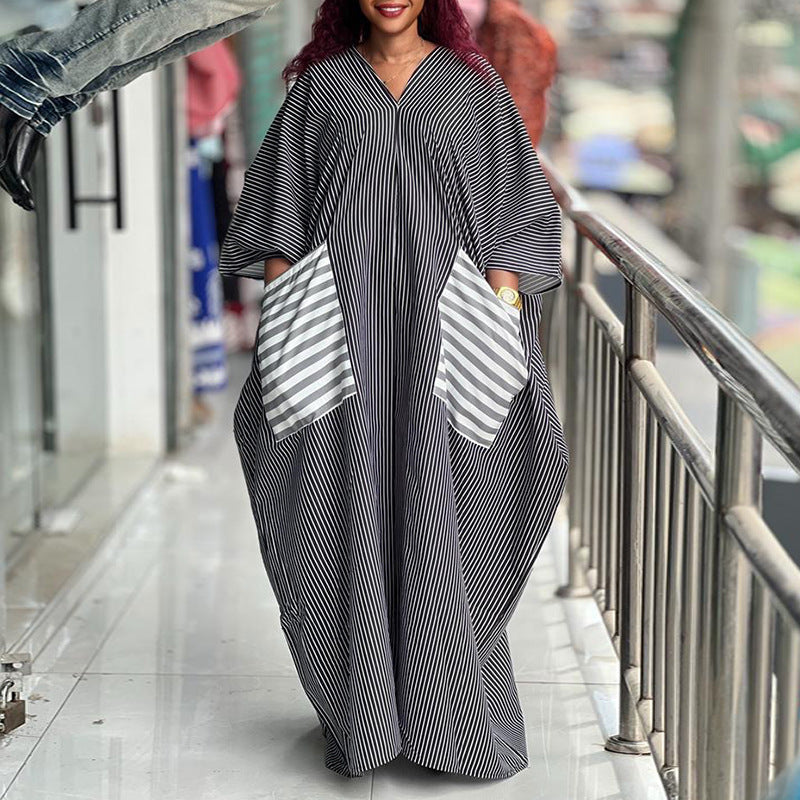 European and american cross-border african women's clothing  summer new style chic fashion v-neck striped loose plus size dress