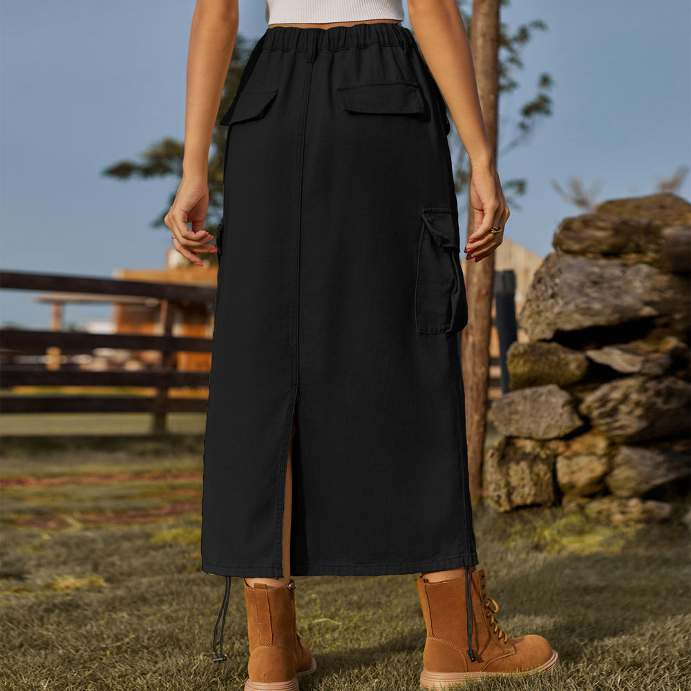 American cross-border foreign trade unique  new arrival drawstring elastic waist workwear skirt casual mid-length skirt trendy women