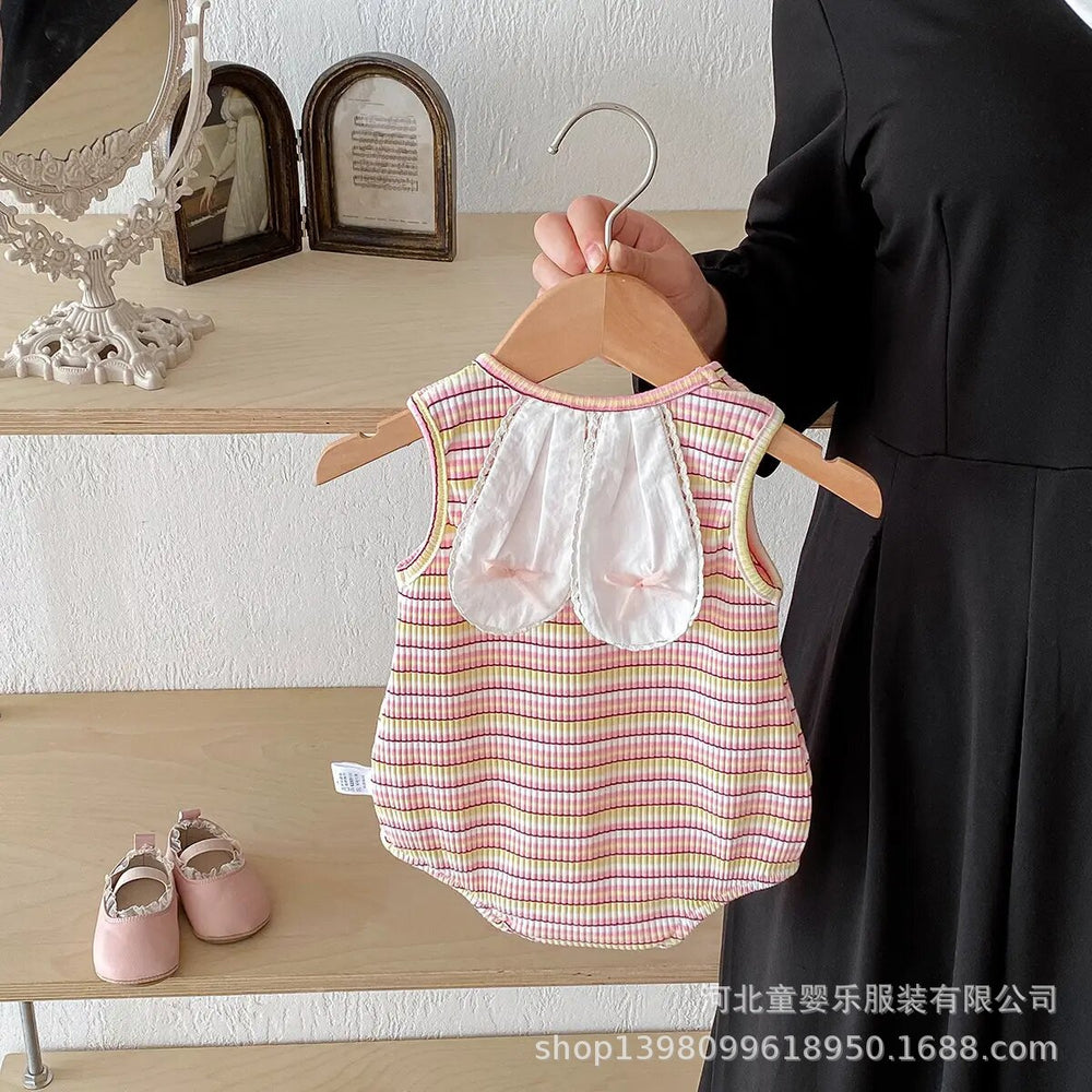 Infant and toddler summer girl's sweet striped romper with bunny ear triangle snap crotch bodysuit