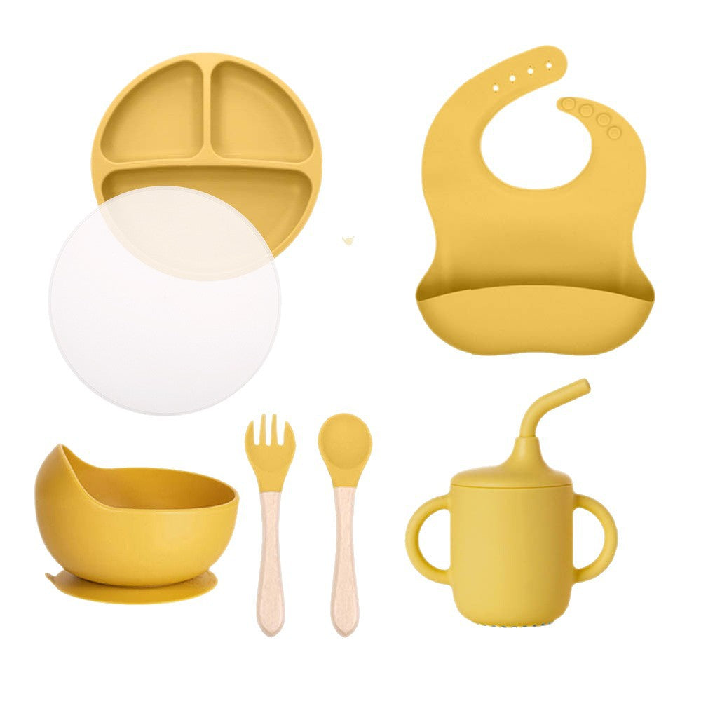 Children's silicone round three-grid plate with PP lid tableware set Baby feeding complementary food plate with small suction cup