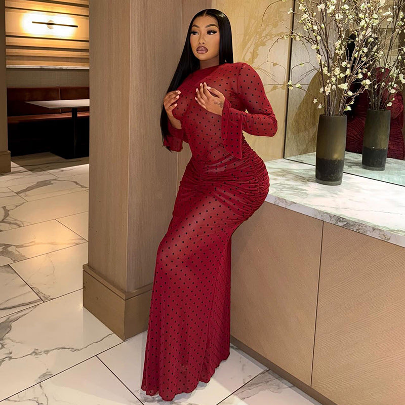 European and american style cross-border chic women's pleated print polka dot bodycon mini dress - round neck long sleeve party dress