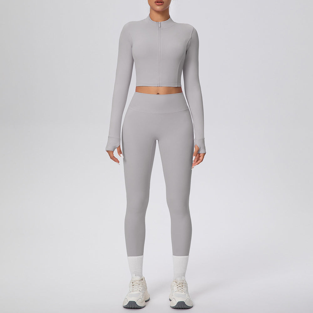 Ready-to-ship cross-border solid color double-sided brushed naked feel cropped jacket set - tight-fitting running, fitness, and yoga two-piece outfit