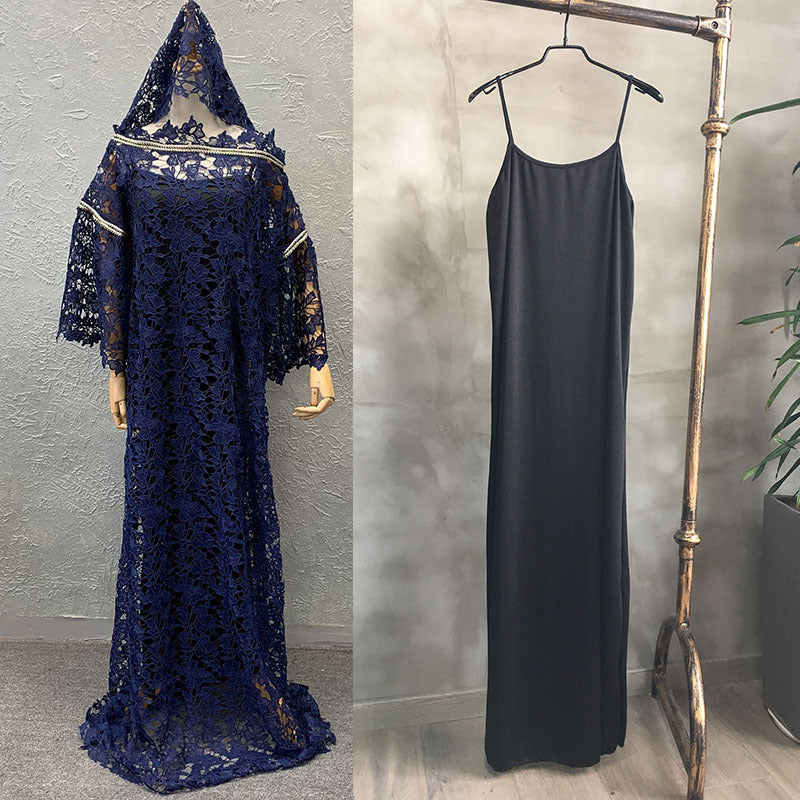 Special offer: african women's lace loose plus size robe dress with flared sleeves, fashionable long dress with matching headscarf