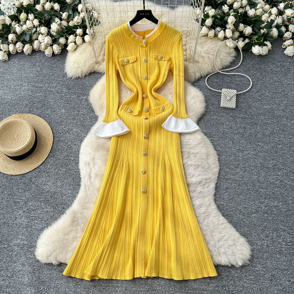 French chic color block crew neck flared sleeve single-breasted cinched waist knit dress - women's autumn slim-fit sweater dress