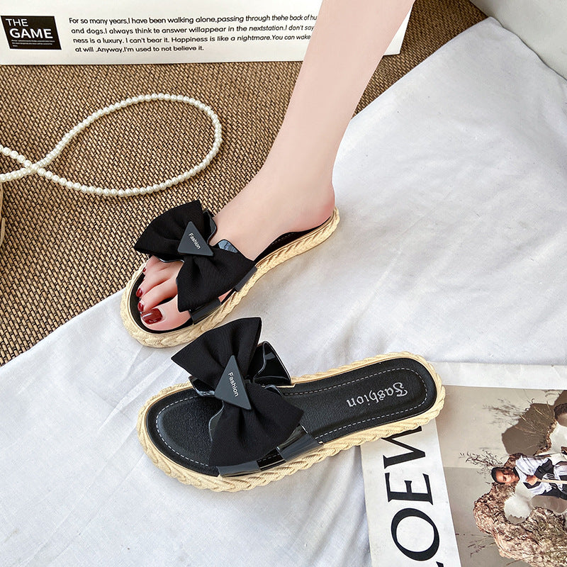 Women's summer slippers - new fashion flat slides with soft sole, soft upper, bow detail, indoor/outdoor non-slip sandals
