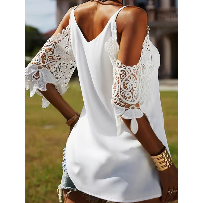summer new european and american style lace off-the-shoulder v-neck camisole loose casual top women's clothing