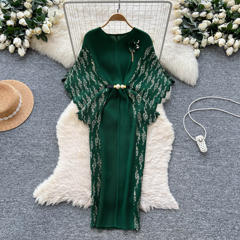 Miya pleated european and american dress - fashionable 3d floral tie-waist printed pleated slim-fit batwing sleeve maxi dress