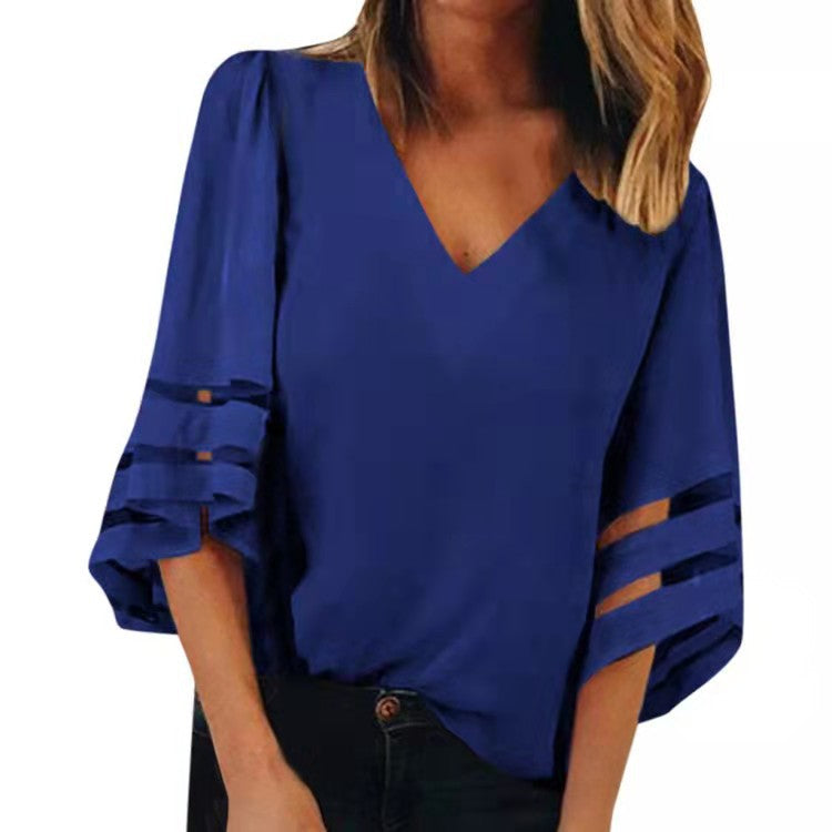 fashionplus size mesh patchwork women's v neck mesh bell sleeve loosetopsin stock