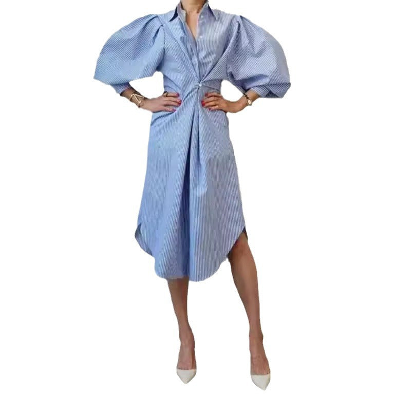 Amazon cross-border summer new french elegant design button-down lantern sleeve irregular hem dress