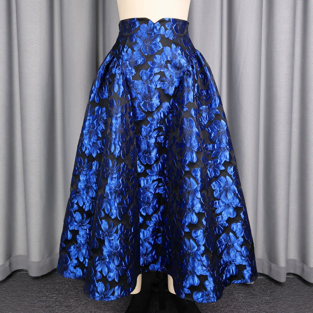 Embossed jacquard blue large a-line skirt high waistslimming look banquet party classyeasiest for match skirt