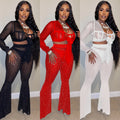 C5869   fashion new product nightclub hot diamond mesh see-through strap long-sleeved pants three-piece set