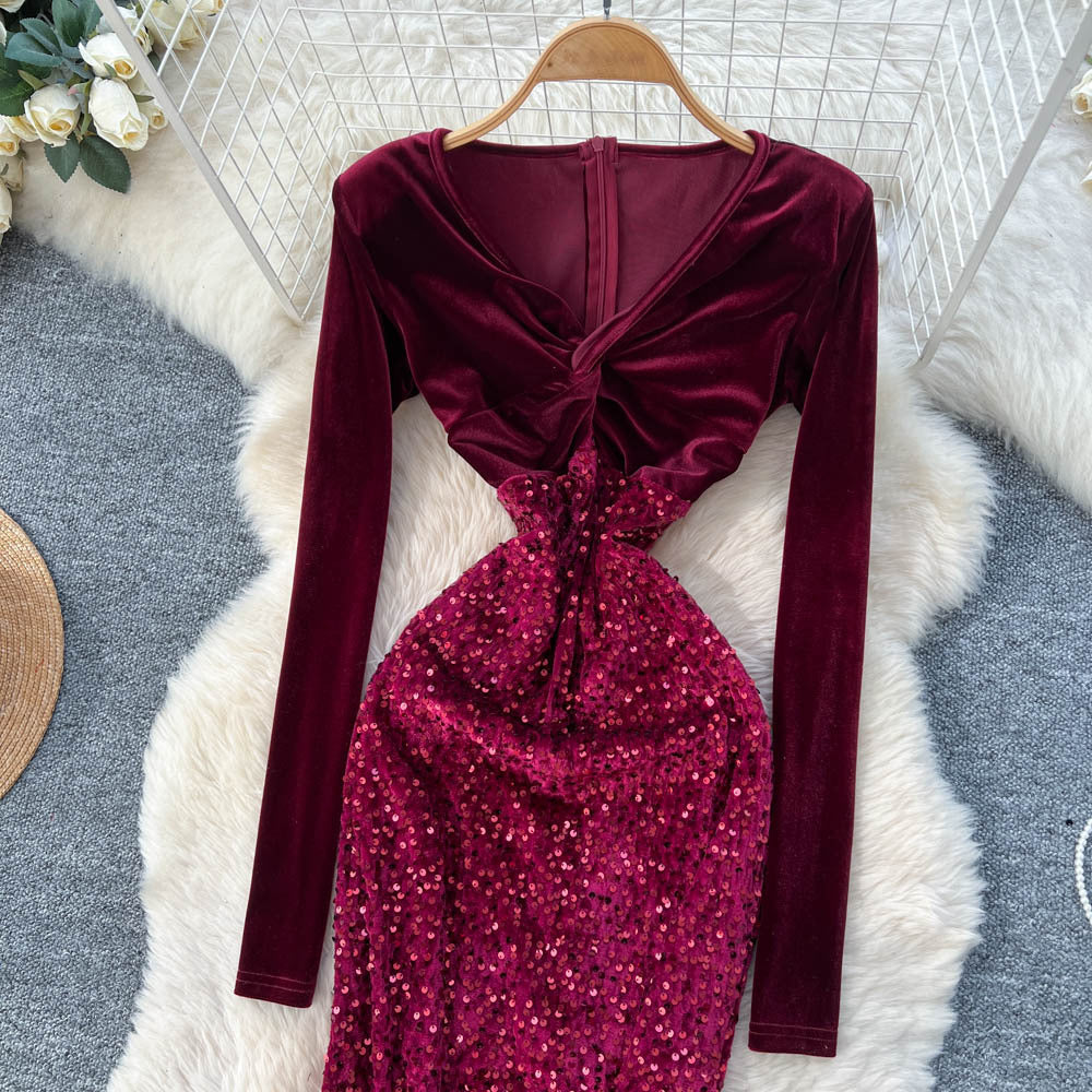 Fashionelegant dinner style black sequindress women's long sleevesv necksilmelegance mermaid dressclassy