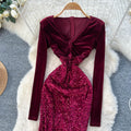 Fashionelegant dinner style black sequindress women's long sleevesv necksilmelegance mermaid dressclassy