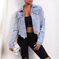 39-35705# cross-border fashionexport women's ins casual loose ripped long-sleeved short denim jacket