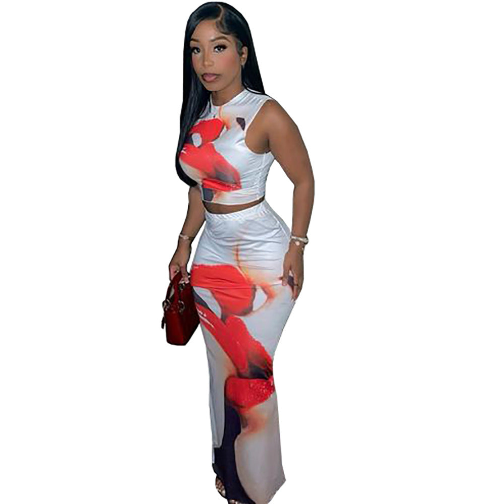 European and american cross-border women's fashion:  street style sexy big lips print tank top + midi skirt two-piece set