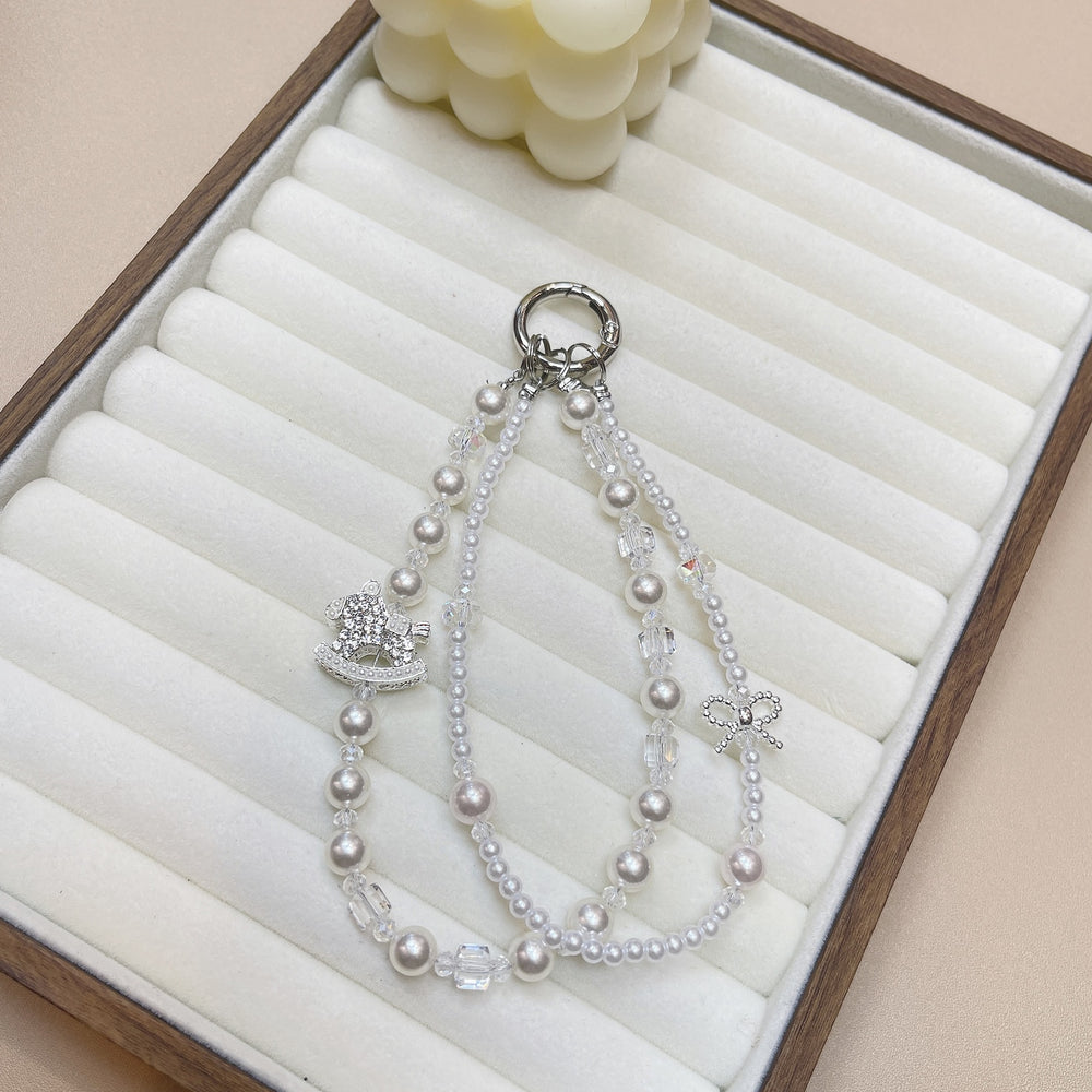 Ins style handmade pearl double chain mobile phone case lanyard creative rhinestone rocking horse pendant wrist crystal one piece dropshipping