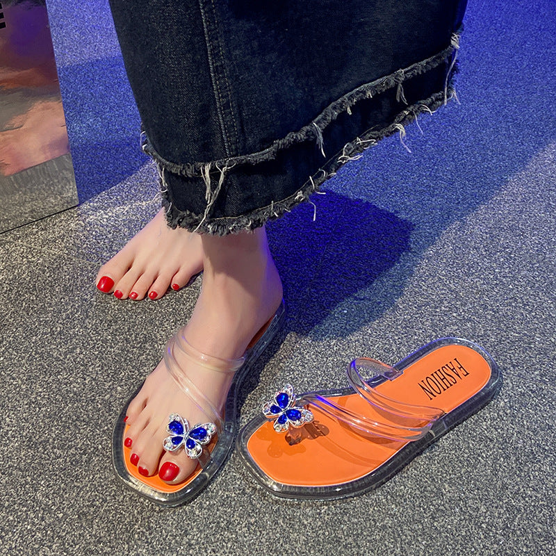 New fashion transparent sapphire butterfly flip-flops women's summer outwear new crystal non-slip popular beach flip-flops
