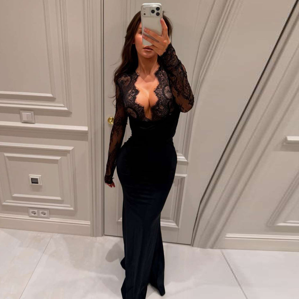 European and american style women's spring  new arrival: elegant lace patchwork deep v-neck sexy slim-fit long sleeve dress