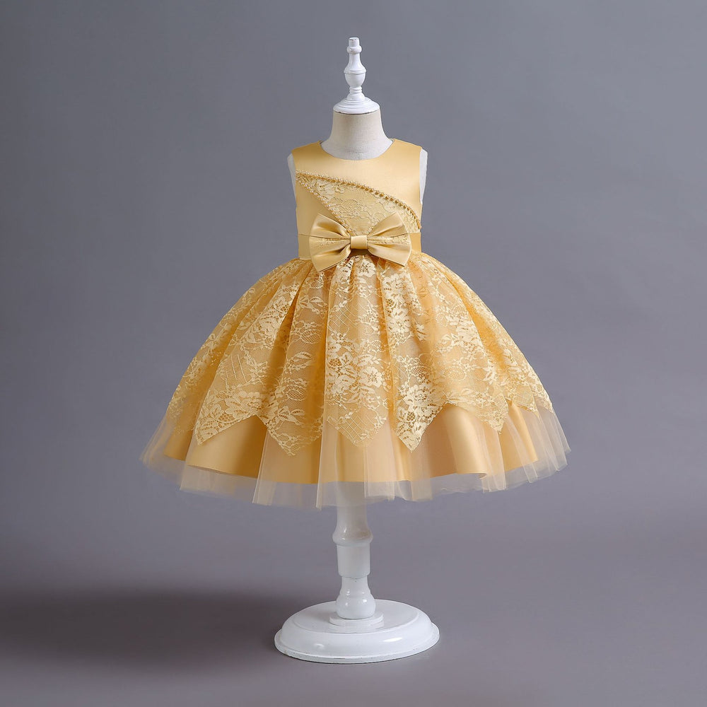 Ready-to-ship wholesale children's formal dresses, beaded floral patterned princess dresses for girls, perfect for everyday wear, birthdays, and banquets, made with satin fabric