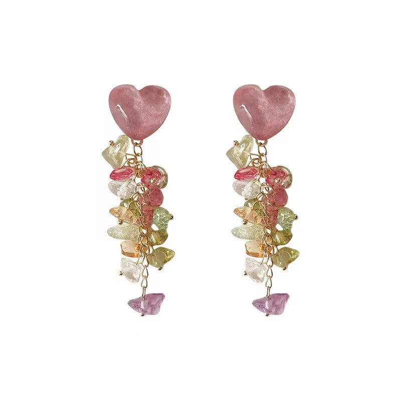 Colorful heart-shaped crushed stone tassel earrings - women's long earrings, spring getaway style, face-slimming, statement accessories