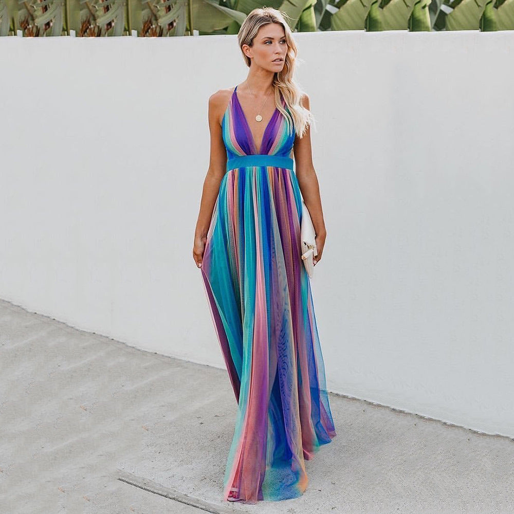 2025 new spring/summer cross-border fashion women's long dress - sexy deep v rainbow mesh suspender dress