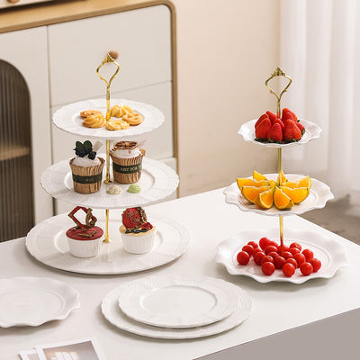 European-style embossed ceramic double-layer serving tray - perfect for home, snacks, desserts, cakes, creative wedding decor, living room, and pastry presentation