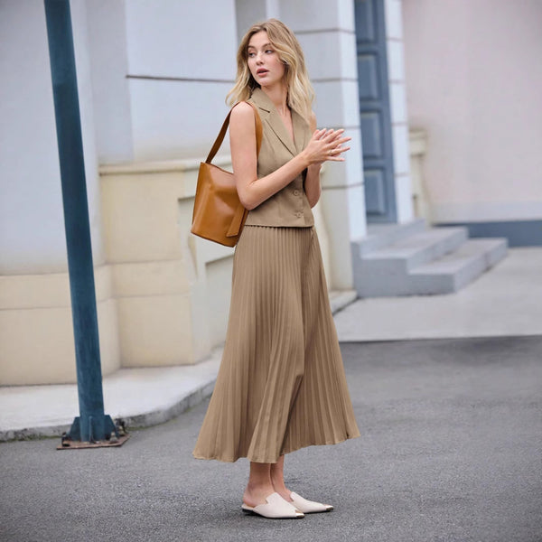 European size   2025 summer new fashion casual women's elegant vest pleated skirt set