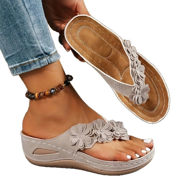 2026 summer new arrival: plus size platform flip-flops - women's outdoor thong sandals with wedge heel and floral design