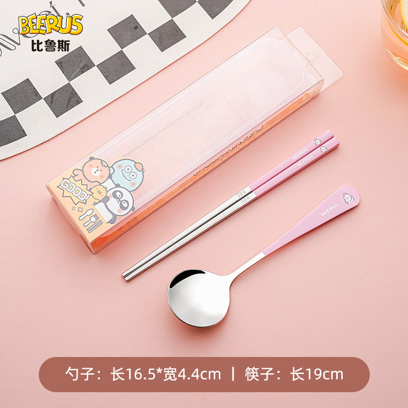 Cartoon 304 stainless steel chopsticks and spoon set - kids' dinnerware with original beerus collaboration design - wholesale