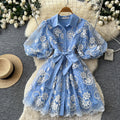 French chic embroidered mesh dress - women's summer dress, high-end bubble sleeve, slimming a-line with cinched waist