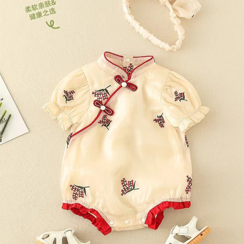 Infant and toddler summer romper, baby girl's cute cheongsam-style onesie, chinese traditional classical clothing, triangle bodysuit, crawling suit