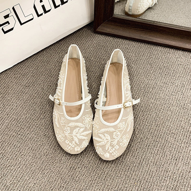 embroidered pearl loafers - women's soft leather breathable casual flats - retro chinese style flat heel plus size mesh shoes