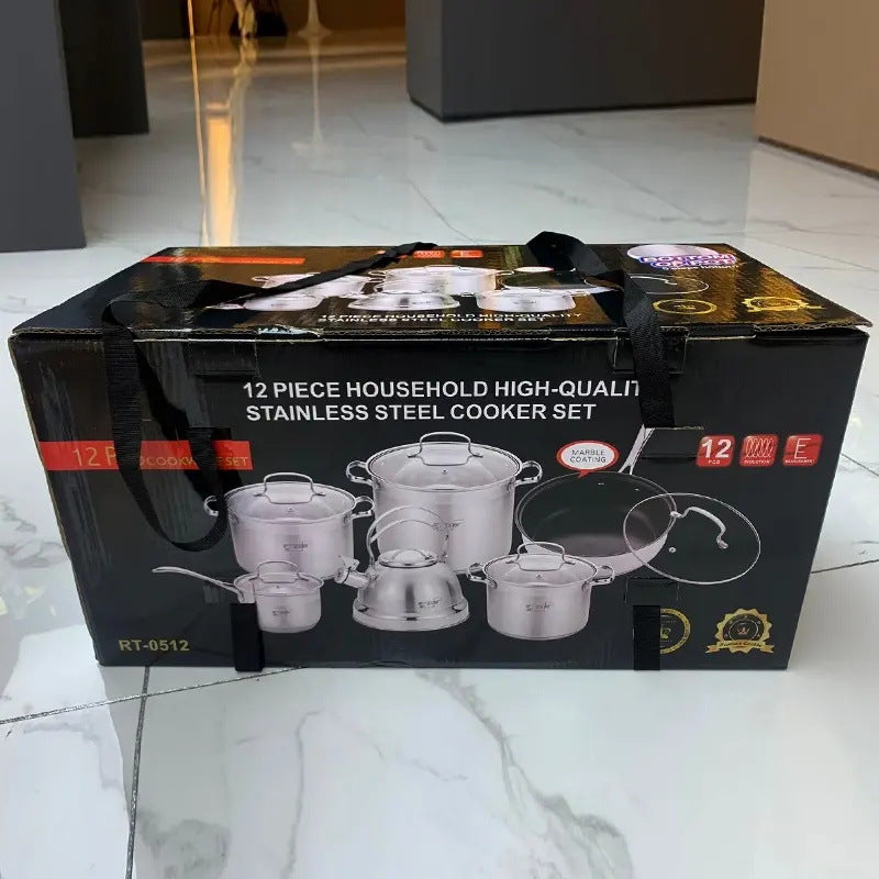 New arrival cross-border stainless steel pot set for home twelve-piece set of multi-bottom frying pan milk soup pot kitchenware manufacturer wholesale