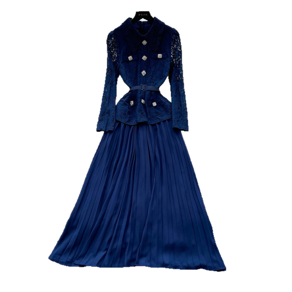 Vintage lace patchwork heavy-duty lapel dress - women's spring/autumn long sleeve a-line maxi dress - commute-friendly, high-end style