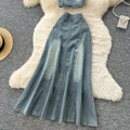 American retro spicy girl denim set - women's summer design with ruffle trim, bandeau top, and high-waisted fishtail skirt