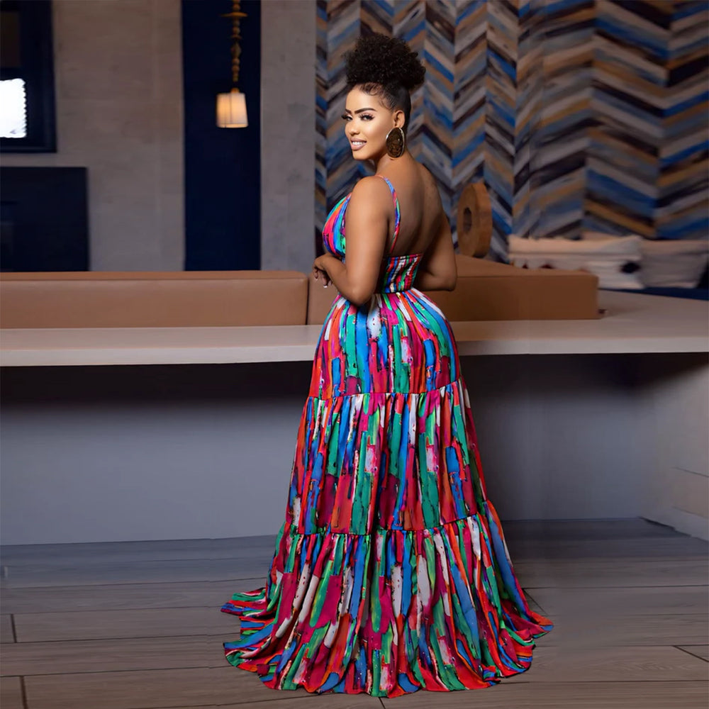 C7377 cross-border   fashion women's sexy spaghetti strap backless printed colorful dress