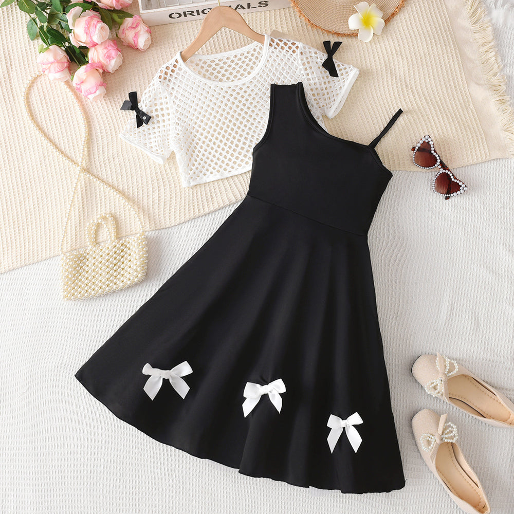 Exportsummergirlsuit black and white mesh blouse slanted shoulder suspender skirt bows sweet cool style kidsdress