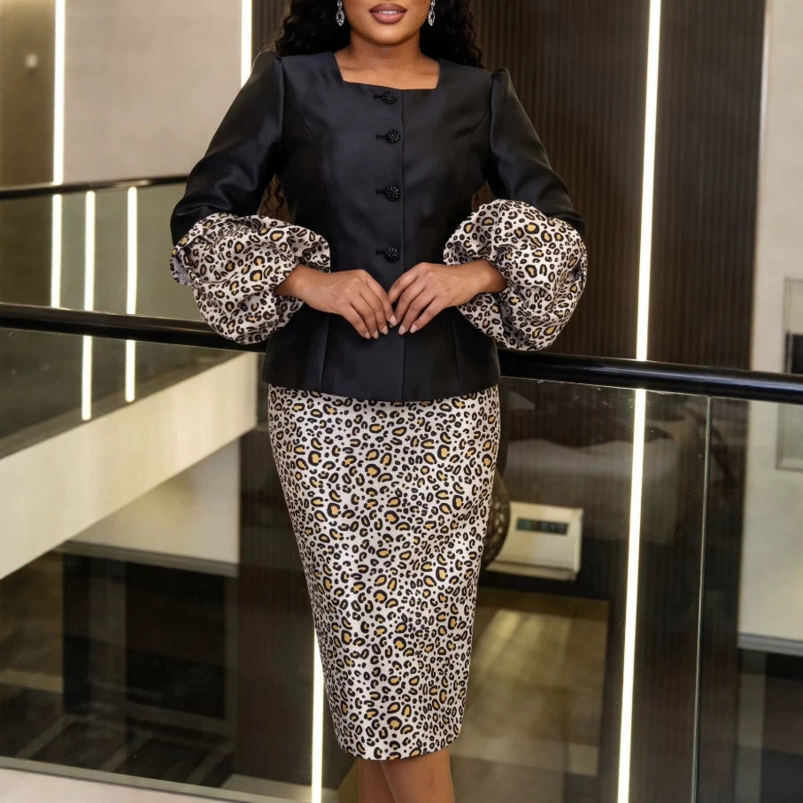 Elegant patchwork suit skirt square neck silm plate button leopard print lantern sleeve satin dress two-piece setset