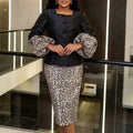 Elegant patchwork suit skirt square neck silm plate button leopard print lantern sleeve satin dress two-piece setset
