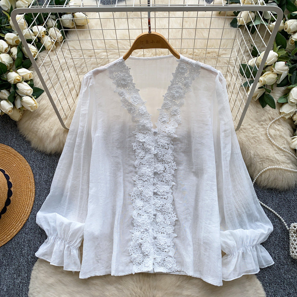 Korean style commute v-neck lace patchwork shirt women's long sleeve loose cardigan rose red top - autumn  collection