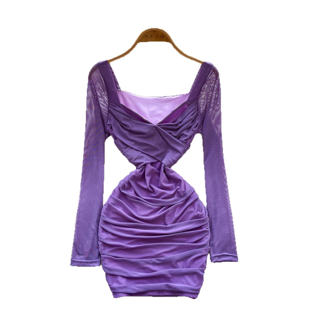 Feminine sexyv neck twist long sleeves mesh dress autum pleated waist bag hip hot girl short skirt